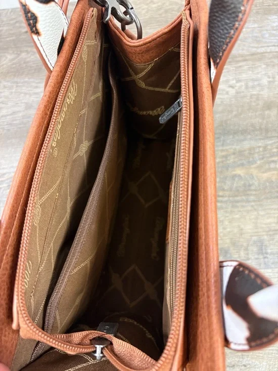 Wrangler Western Cow Print Tote Bag Brown Faux Leather Crossbody Satchel - Picture 8 of 13
